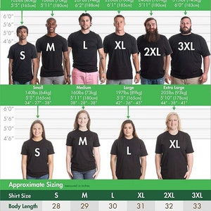May include: A size chart for t-shirts with measurements in inches and pounds. The chart shows different sizes from small to 3XL with corresponding height and weight ranges. The chart also includes a table with measurements for body length and chest width in inches.