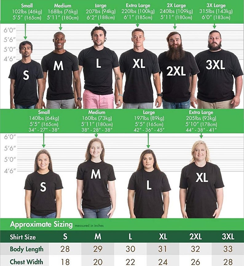 May include: A size chart for t-shirts with measurements in inches and pounds. The chart shows different sizes from small to 3XL with corresponding height and weight ranges. The chart also includes a table with measurements for body length and chest width in inches.