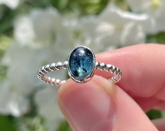Handcrafted sterling silver ring with teal moss kyanite, handmade silver beaded ring with blue stone, artisan bead ring, tiny balls ring