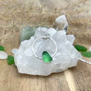 Handcrafted sterling silver sea glass necklace pendant, handmade silver necklace with genuine green sea glass
