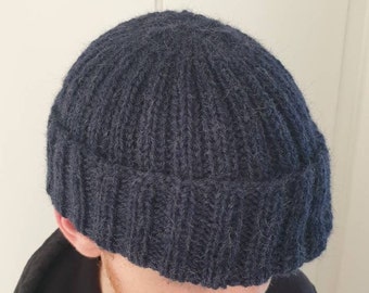 Hand Knitted Men's Hat Fisherman Hat Knitted Beanie Slouchy Alpaca Wool Blue