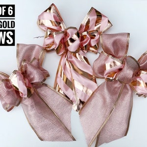 Christmas Tree Bows with Wire Tide, Rose Gold Metallic Striped Set of 6 Bows, 7”W x 10”H Holiday Decoration
