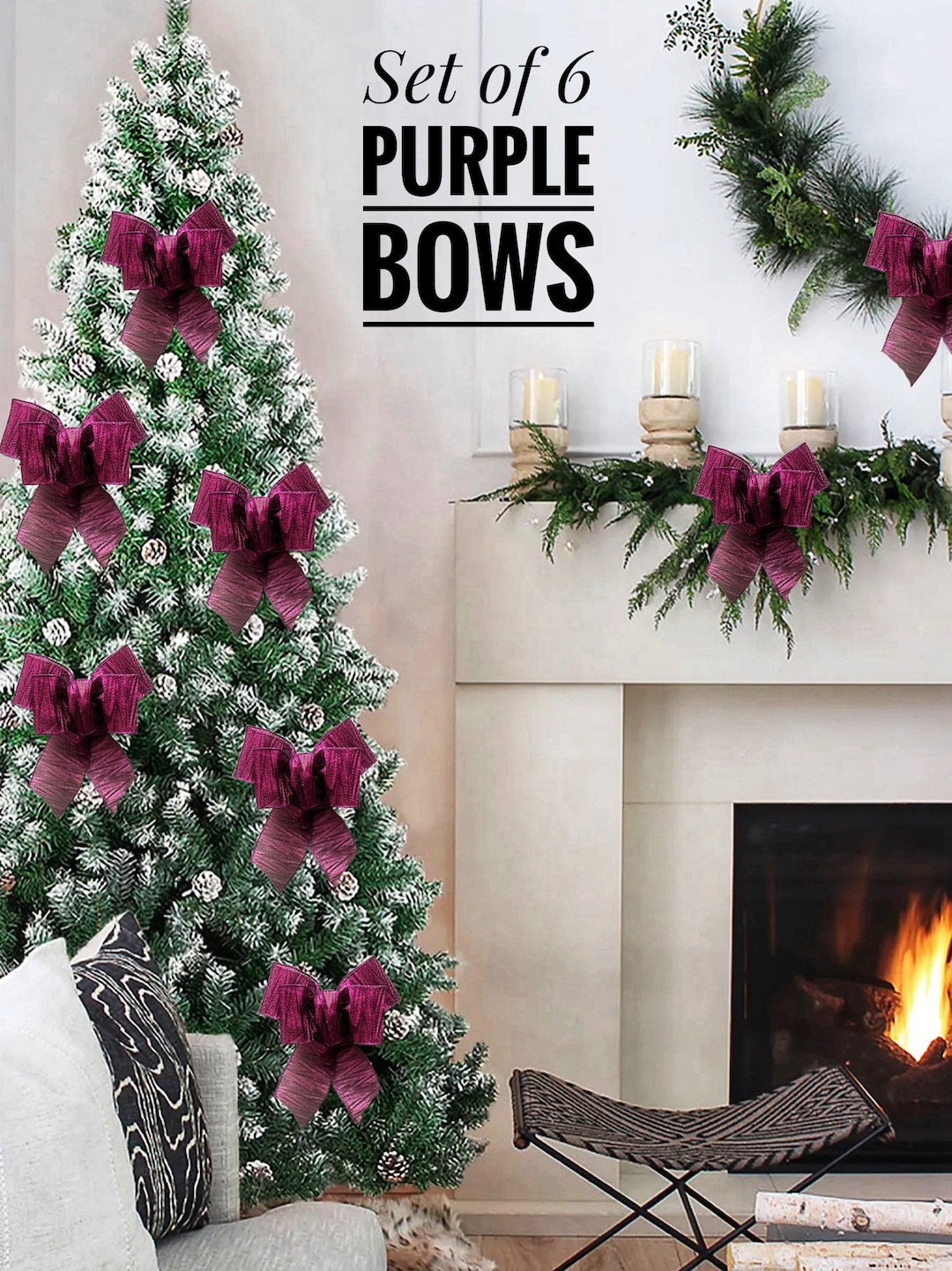 Christmas Tree Bows, Purple Fuchsia , 10x 8 Metallic Bows, Glitter Free