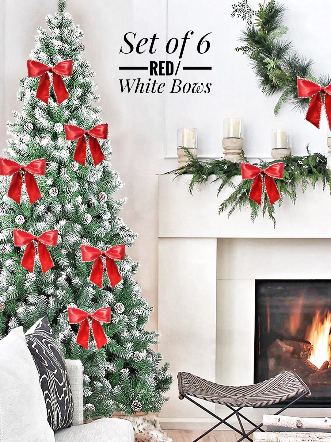 Christmas Tree Bows, Red and White, 10x 7 Candy Cane Bows, Set of 6