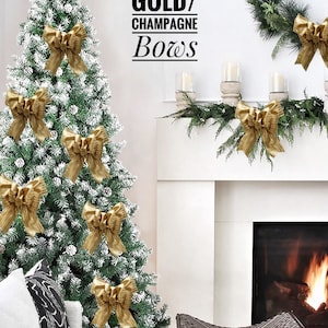 Christmas Tree Bows, Gold and Champagne, 11”x 8” Metallic Bows, Set of 6, Holiday Decoration