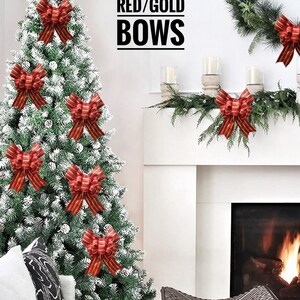 Christmas Tree Bows, Red and Gold, 11”x 8” Metallic Bows, Set of 6, Holiday Decoration