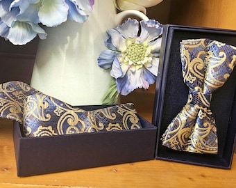 Men's Bow Ties Woven Silk paisley Blue/Gold Self & Ready Tied Bows, evening wear Tux.