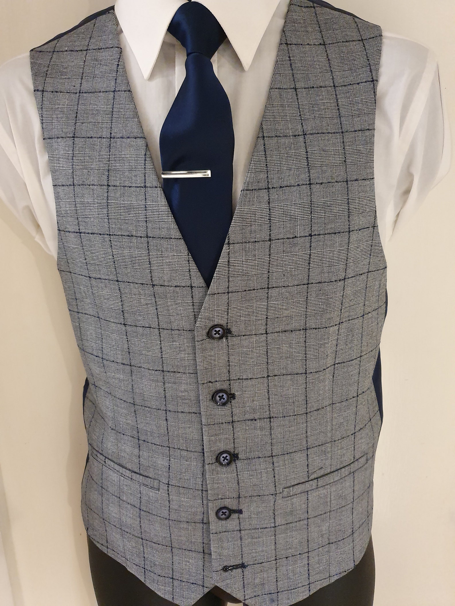New Mens Waistcoat Grey with Navy Blue Check Formal Wedding or Etsy