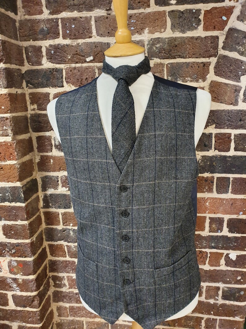 Mens Grey Wool Tweed Waistcoat With a Dark Blue and Tan Check Etsy