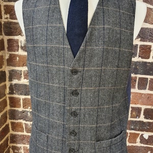 Mens Grey Wool Tweed Waistcoat With a Dark Blue and Tan Check - Etsy