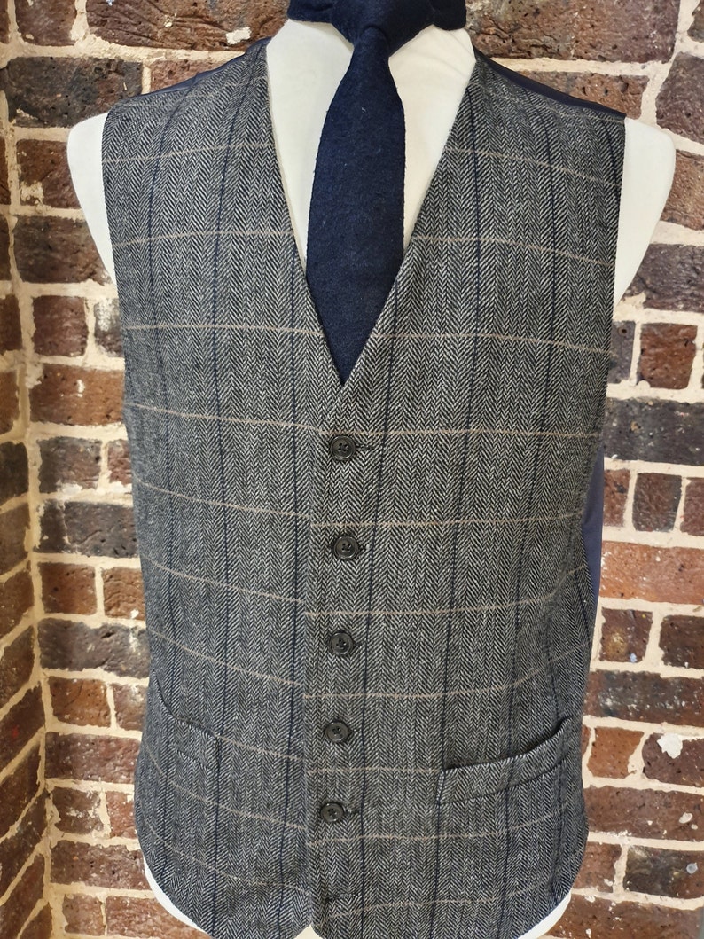 Mens Grey Wool Tweed Waistcoat With a Dark Blue and Tan Check Etsy