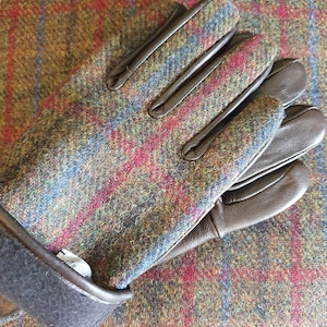 HARRIS TWEED heren handschoenen / Lederen Palmen / Groen / Rood / Blauw ruit