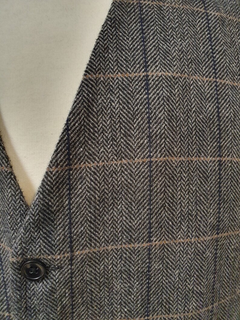Mens Grey Wool Tweed Waistcoat With a Dark Blue and Tan Check Etsy