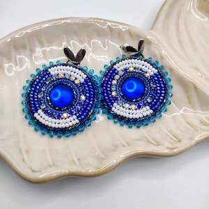 Round blue embroidery earrings, embroidered beaded earrings, tribal seed bead jewelry