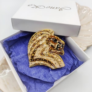Golden Lion Beaded Brooch, Leo Zodiac Gift, Safari jewelry, Lion pin