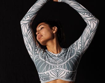 Festival wear Printed LongSleeve GODDESS saga green Crop Top-Rave Dance Rashguard, high heels clothes, pole wear, sexy dance clothes