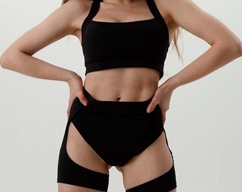 Set for pole dance ( pole dance wear, pole dance outfit, clothes for pole dance), twerk, Exotic top + shorts black