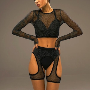 Dance mesh set  Pole dance set Exotic mesh set Mesh crop top Mesh belt Leopard print set Dance belt Dance garters Festival wear Rave set