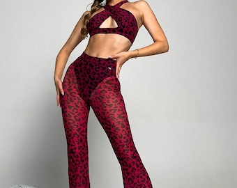 Stripper clothes Mesh set, pole dance wear, twerk clothes hot, high heels wear, rave wear (top+pants) pink leopard MISTERY FLARE (only mesh)