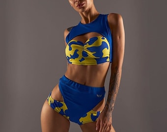 Set for dance Booty shorts Dance crop top Blue yellow Ukrainian set  Princess Sham Ukraine Exotic set Festival wear Rave set Rave wear