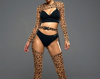 Mesh set for exotic pole dance, twerk, sport, high hills (bolero + stockings) rose leopard green camo GRID EXOT (only mesh)