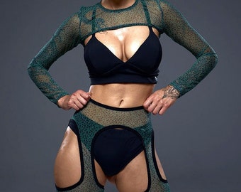 Green Camo Mesh Dance Set, Pole Dance Bolero, Belt