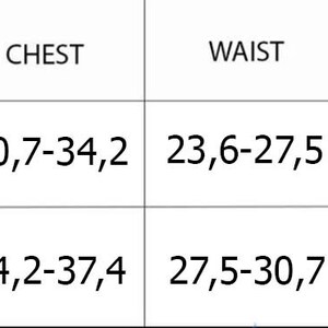 May include: A white chart with black text detailing garment measurements. The chart includes sizes S/M and M/L, with corresponding chest, waist, and hip measurements in centimeters. The chest measurements range from 30.7 to 37.4 cm.