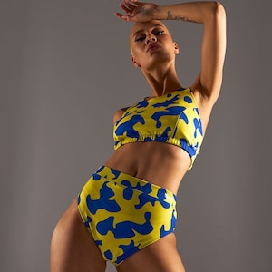 Set for dance (pole dance, twerk, exotic, fitness, sport) Twist Nika Ukraine (Top+shorts) yellow blue