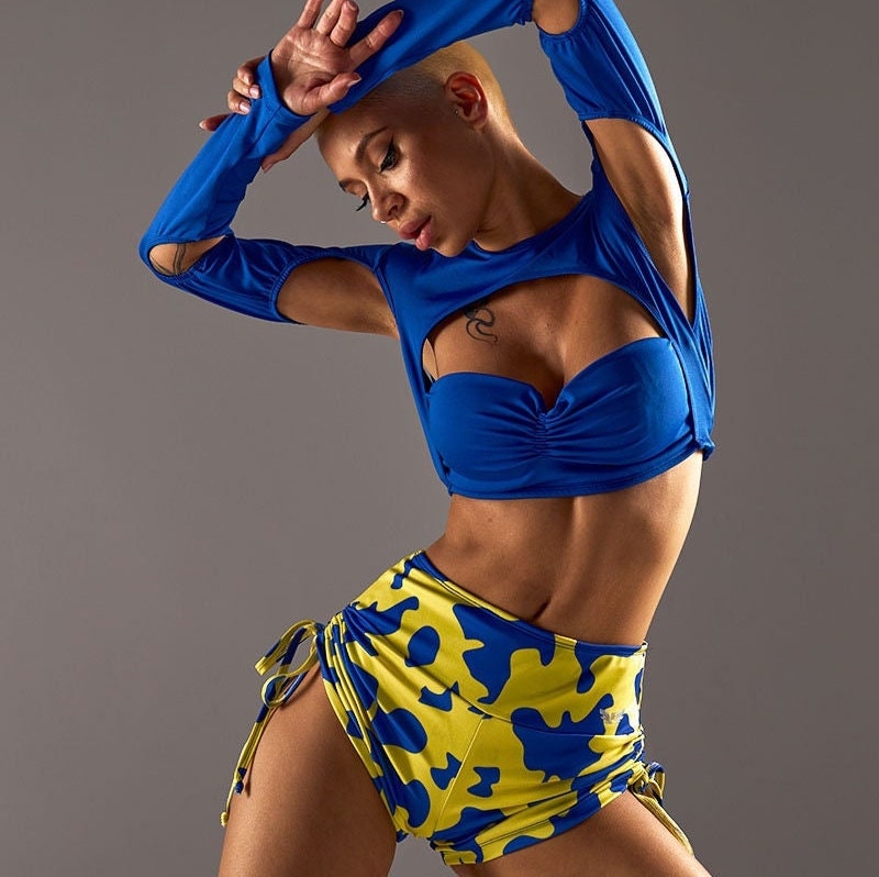 Set for Dance pole Dance, Twerk, Sport, Exotic, Gym, Training Rushguard Top  Shorts Ukraine Yellow Blue 