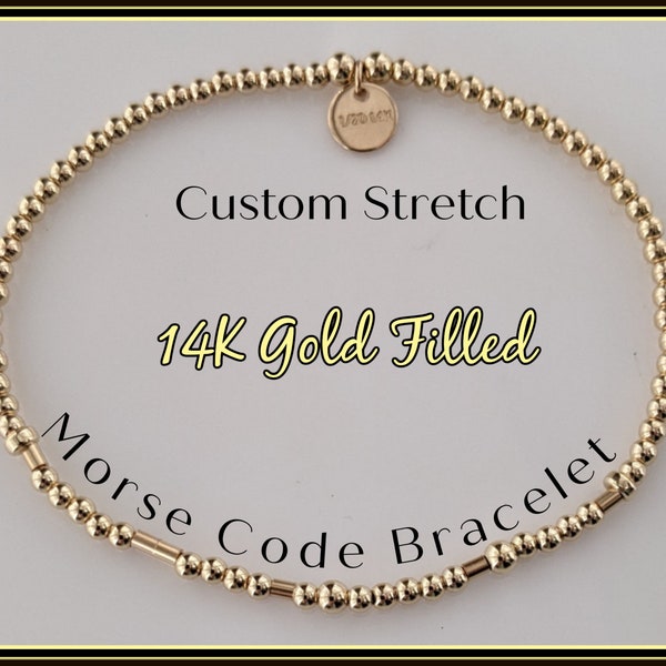 Gold Custom Message in Morse Code, Letters or Numbers in Morse Code. Secret Message Bracelet, Stretch Bracelet, Gold Filled Bracelet