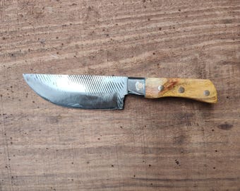 Handmade rasp knife with canary wood handle, & copper Damascus bolster