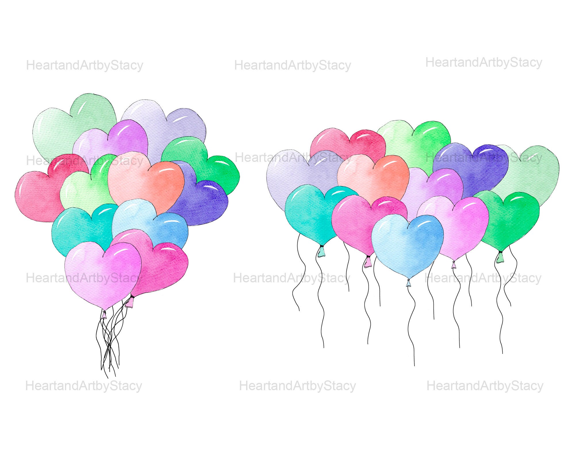 Heart Balloons Watercolor Clipart, Valentine Balloon Clipart, Digital ...