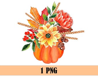 Aquarel herfstpompoenboeket PNG, Thanksgiving bloemen (digitale download)