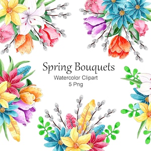 Spring Watercolor Flowers Clipart | Easter Bouquets PNG | Floral Digital Download