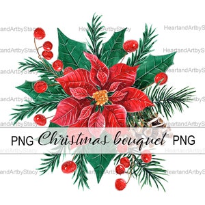 Design de sublimação de Natal PNG, Buquê de Poinsétias em aquarela, Download digital de clipart de Natal