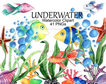 Underwater Watercolor Clipart Fish, Nautical Baby Shower Clipart, Digital Download Png