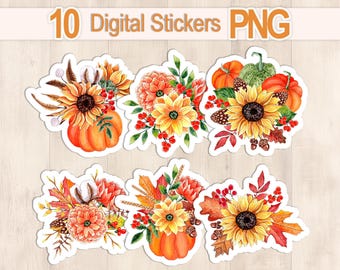 Puede incluir: Diez pegatinas digitales PNG con diseños otoñales. Las pegatinas muestran ilustraciones de acuarela de calabazas, girasoles, hojas, bayas y otros elementos otoñales en tonos naranja, amarillo y verde. El texto "10 Digital Stickers PNG" está en la parte superior.