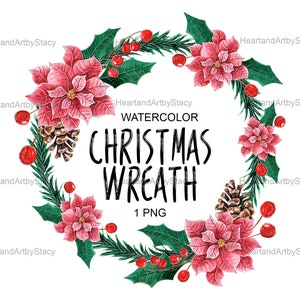 Christmas Poinsettia Wreath Watercolor Clipart, Merry Christmas Png Design, Digital Download