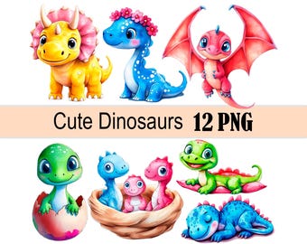 Baby Dinosaur Watercolor Clipart Bundle, Dino PNG Set for Nursery