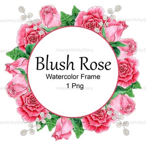 Floral Frame Watercolor Clipart, Pink Rose Png, Digital Download.