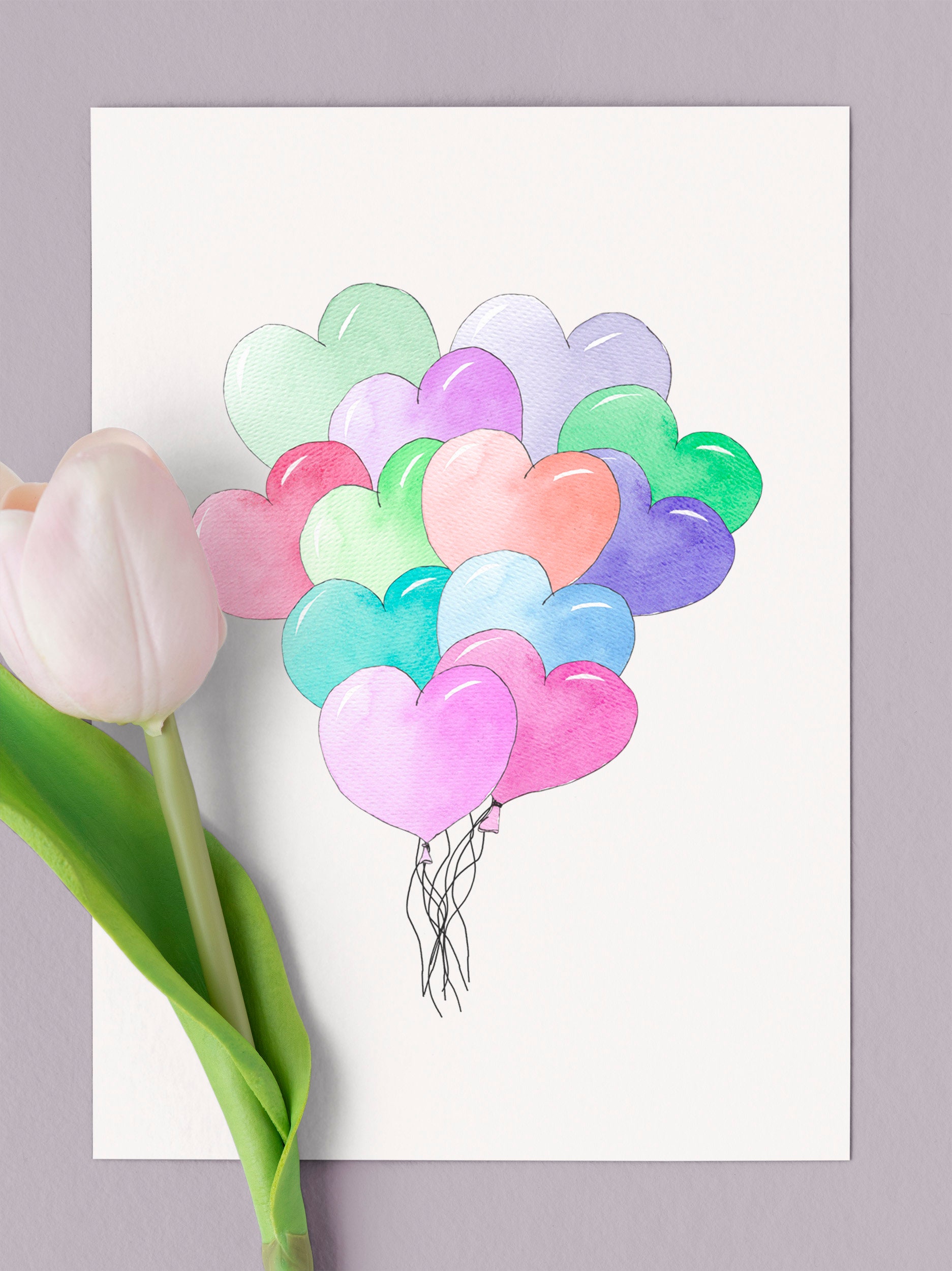 Heart Balloons Watercolor Clipart, Valentine Balloon Clipart, Digital ...