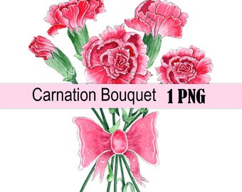Carnation Bouquet Png, Watercolor Flowers Clipart, Digital Download.