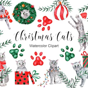 Gatos de Natal aquarela Clip Art, design de Natal e Ano Novo para amantes de gatos, feriado de inverno aquarela PNG