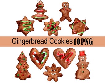 ジンジャーブレッドクッキーのクリップアートバンドル 水彩 PNG クリスマスホリデー クリップアート
