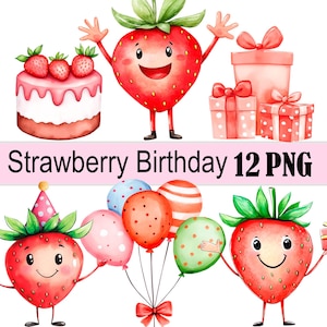 Erdbeere Geburtstag Aquarell Clipart, Erdbeere Babyparty Png, digitaler Download