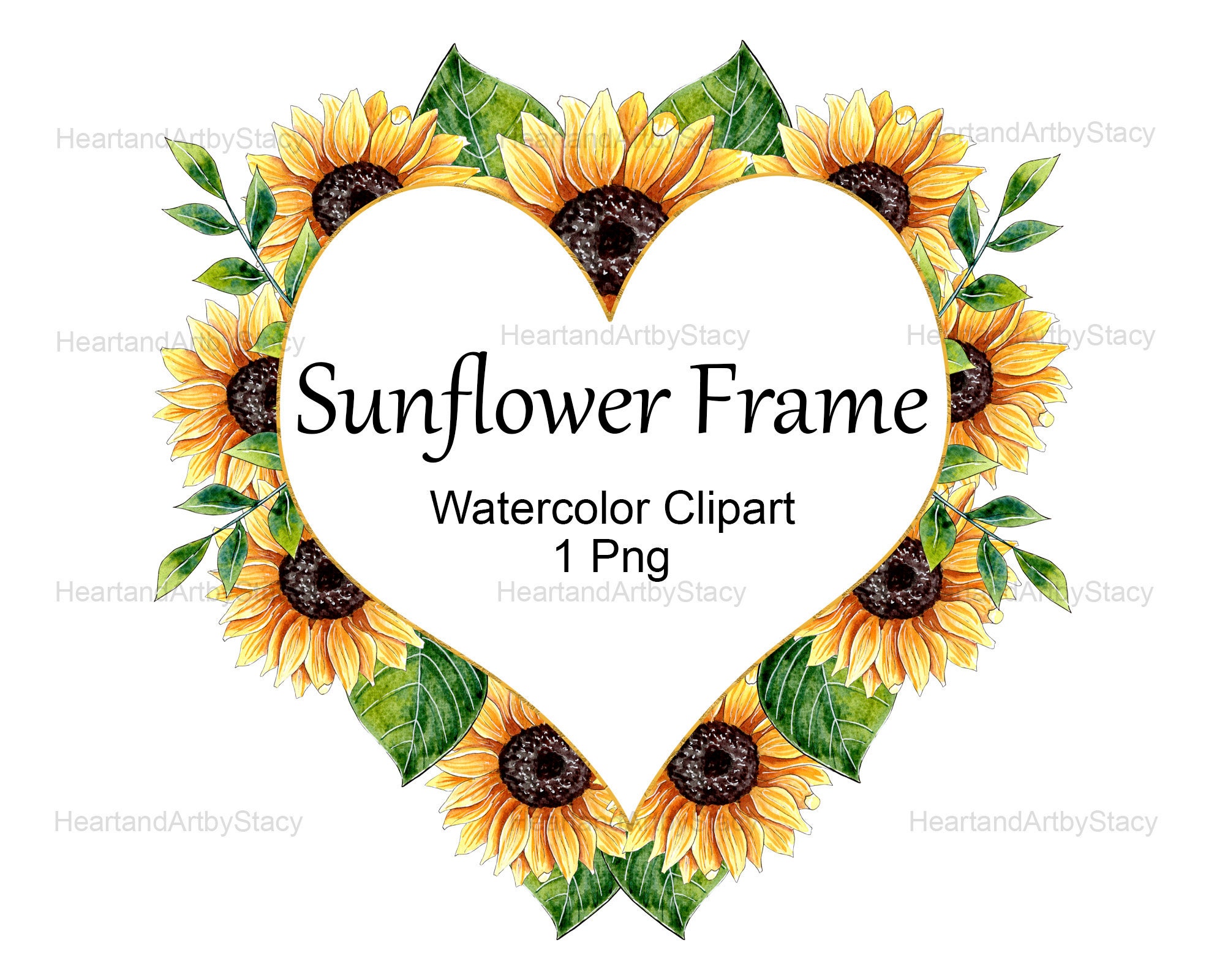Sunflower Frame Watercolor Clipart, Heart Shaped Frame, Digital
