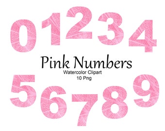 May include: Pink watercolor numbers 0 through 9.  Each number is a separate image.  The numbers are on a white background.