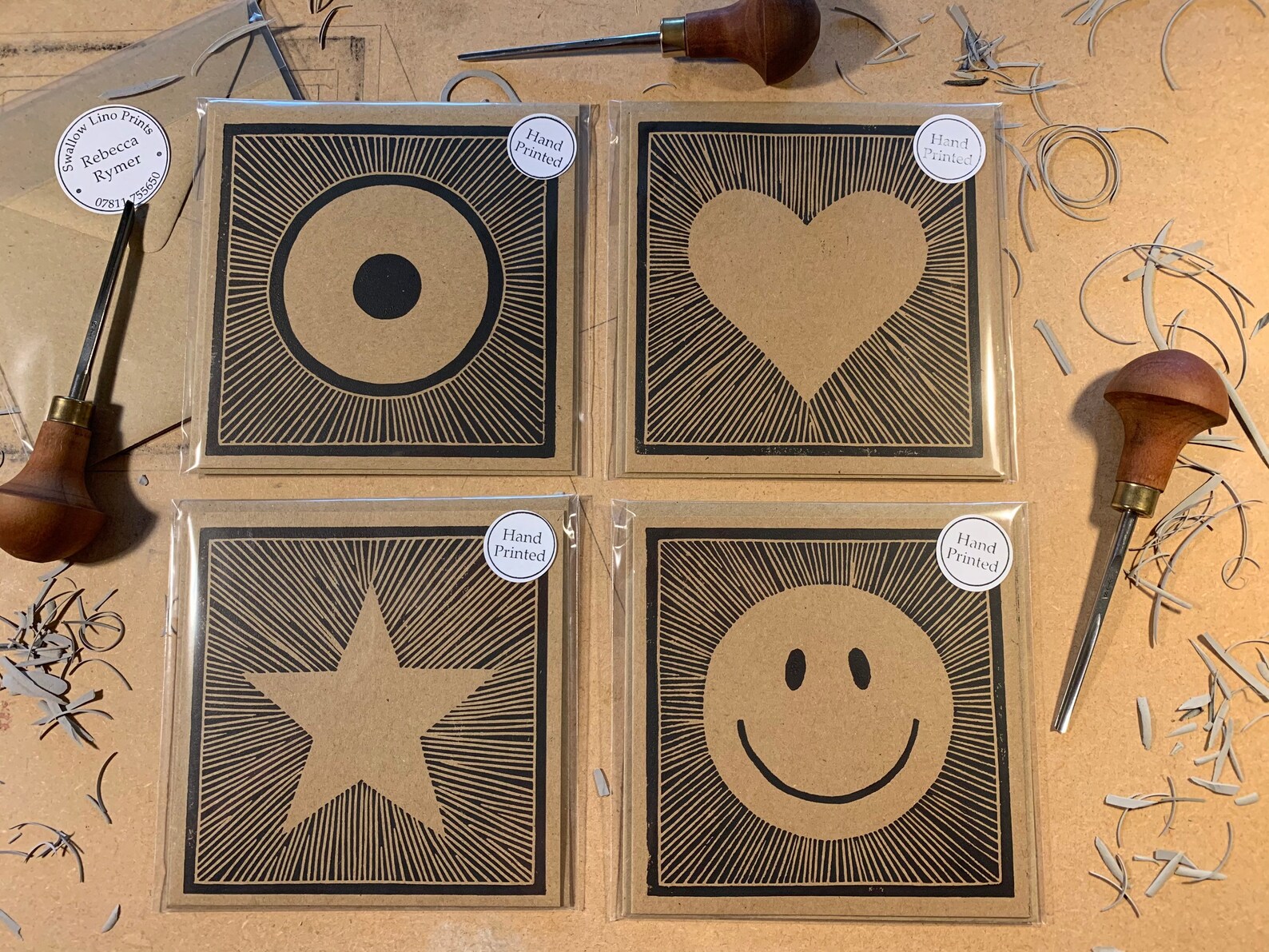 Set of 4 Lino Print card. Etsy