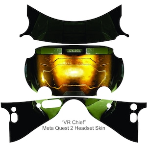 May include: A green and black Meta Quest 2 headset skin with a Master Chief design. The skin features the text "VR Chief" and "Meta Quest 2 Headset Skin".