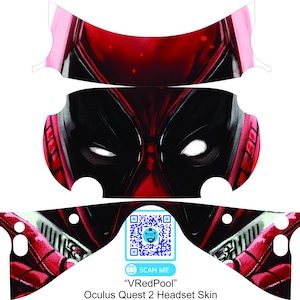 May include: A red and black "VRedPool" Oculus Quest 2 headset skin. The design features a close-up of a character's face with white eyes and a black mask. The skin includes a QR code that says "SCAN ME".
